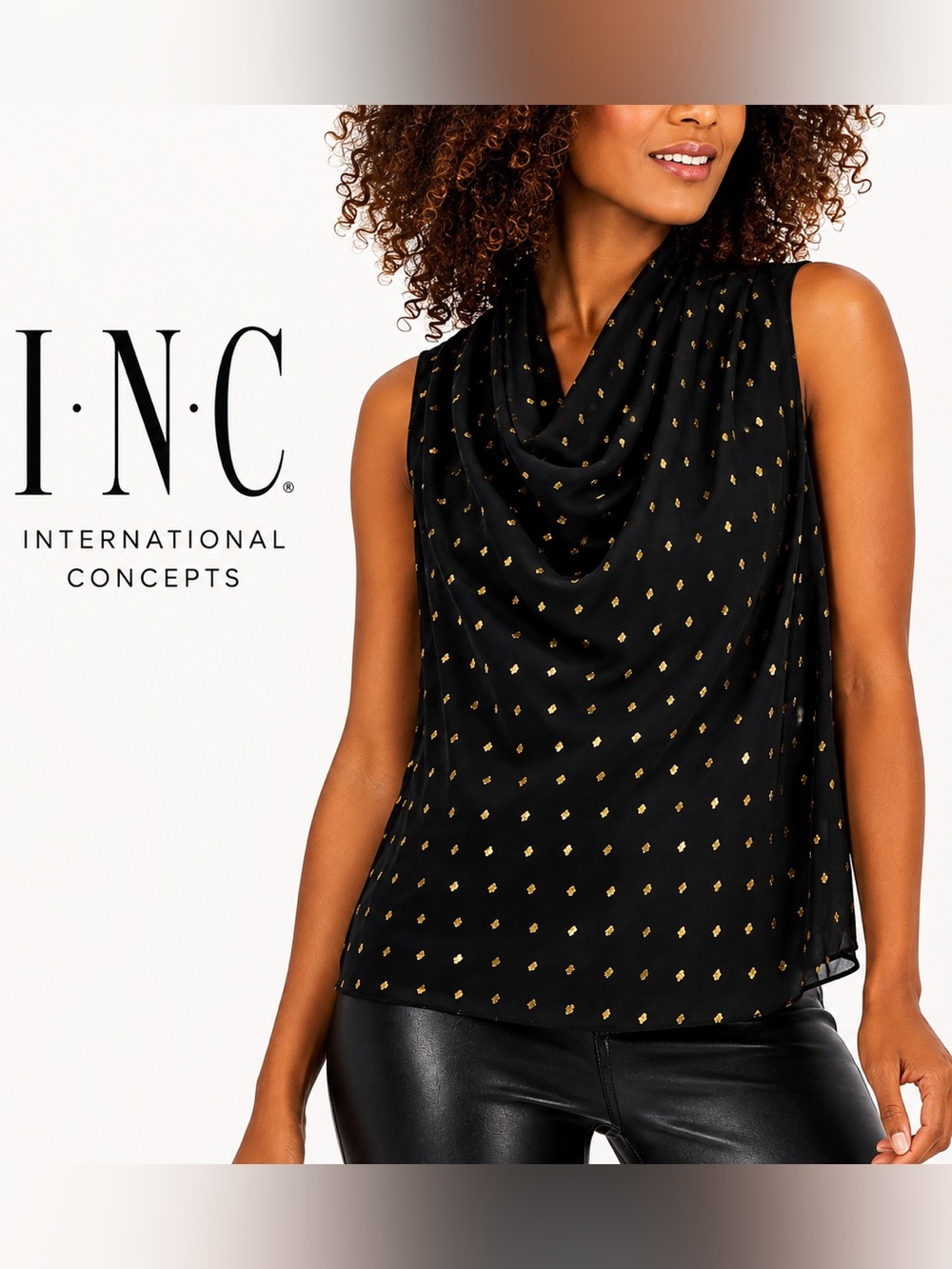 NWT INC International Concepts Metallic Gold Dot Cowl Neck Blouse Black
